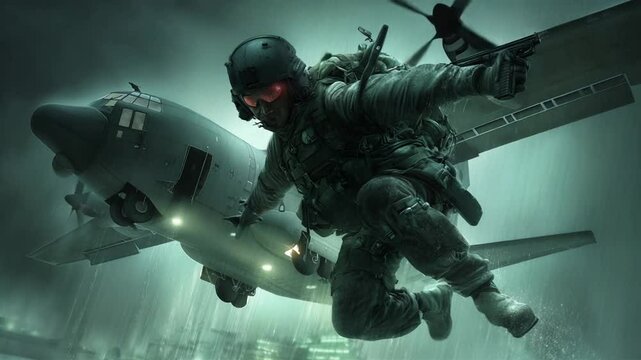 Paratrooper Jumps From Cargo Plane Into Dark Combat Zone at Night Generative AI
