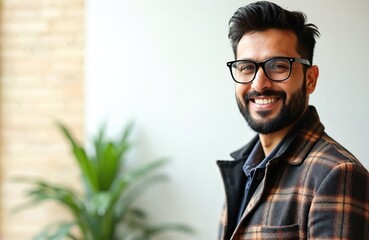 Stylish pakistani man wear eyeglasses, jacket. Smiling guy, positive face expression, business portrait. Confident businessman, modern pro. Happy male wearing glasses. Portrait photo.