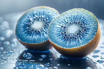 Freshly sliced blue kiwi halves glistening with water droplets on a reflective surface