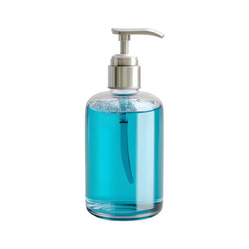 Clear Glass Bottle of Blue Liquid Soap with Pump Dispenser for Bathroom Hygiene