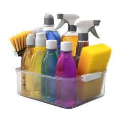 Colorful Cleaning Supplies Organized in a Clear Plastic Container Ready for Use
