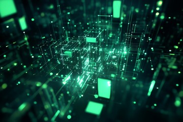 Abstract digital network structure.  Intricate network of glowing green lines and cubes, suggesting a complex data system or futuristic technology