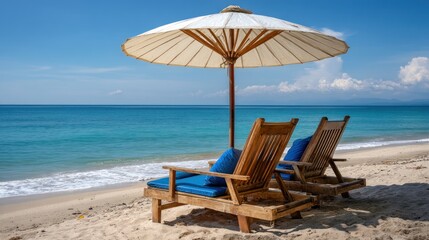 Beach chairs under an umbrella