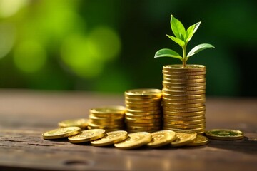 Piles of gold coins on wooden table with green plant, finance, wealth