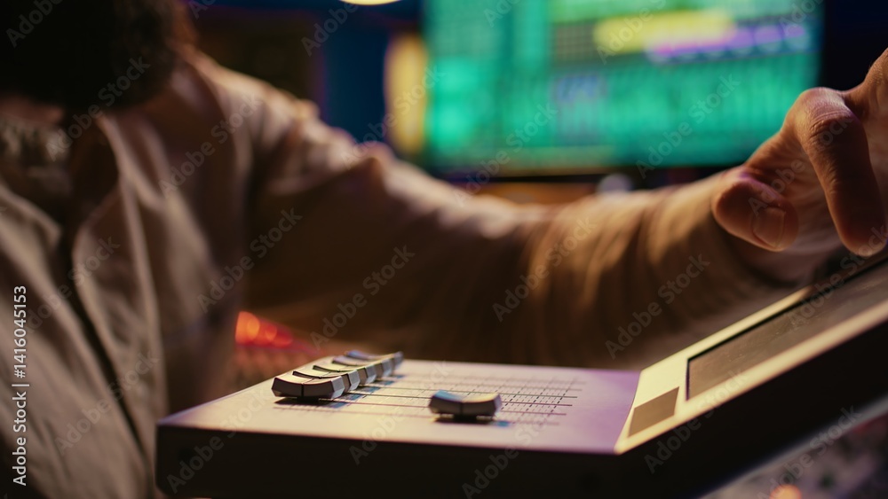 Aufkleber Sound engineer operating on motorized faders controller in professional studio, editing and mixing tracks to create a song. Audio technician works with sliders and soundboard panel. Camera B.