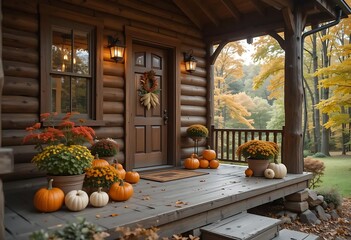 Rustic Log Cabin Porch: Autumnal Decor and Warm Glow