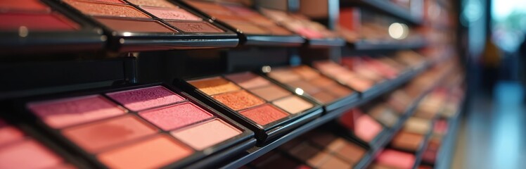Array makeup sets displayed in cosmetic store. Many beauty products in various colors and shades. Shelves with make up palettes. Modern visual of the make-up in shopping mall. Make up shopping.