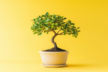Obraz premium Potted bonsai tree against a vibrant yellow background.