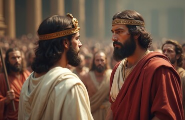Biblical scene depicting two men face to face. Historical figures likely Pontius Pilate and Jesus Christ during the trial. Crowd witnesses events. Scene of faith, sacrifice, biblical events.
