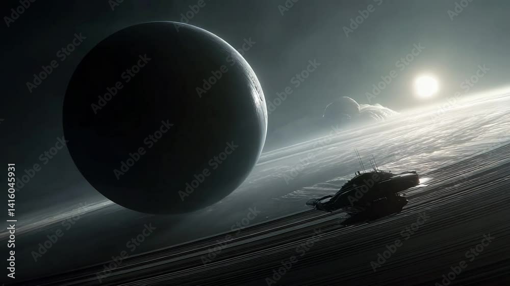 Poster exploring distant planets with an advanced spacecraft in orbit generative ai