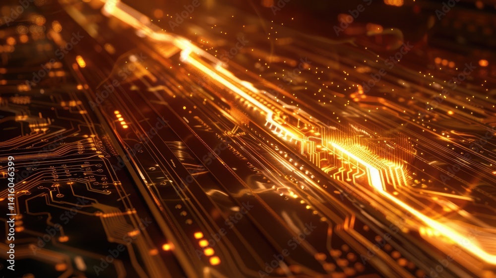 Poster engaging close-up view of a glowing circuit board. the intricate patterns and dynamic lines illumina