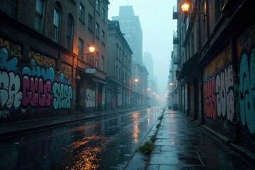 Moody cityscape with graffiti walls and foggy atmosphere, abstracted architecture, gritty landscape, ink effect