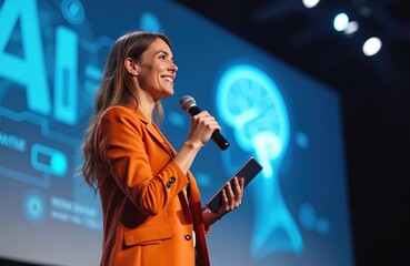 Female presenter at tech AI conference shares industry expertise. Happy woman in orange suit speaks into microphone. Speaker holds tablet discussing innovative AI products, tech event.