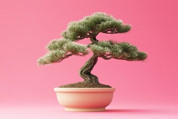 A miniature pine bonsai tree in a pot against a vibrant pink background.