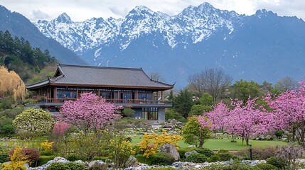 Fototapeta premium Serene Springtime Blossom Garden with Majestic Mountain backdrop