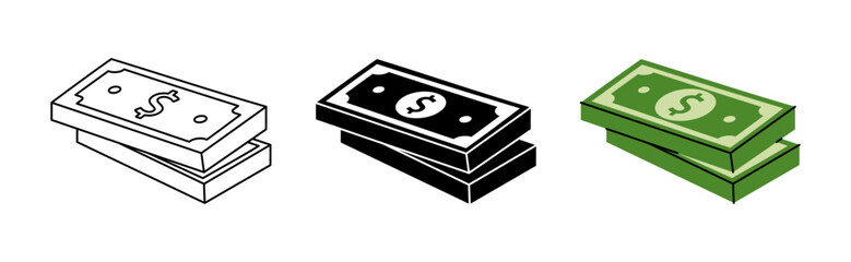Stacks of dollar bills icon set. Cash money and paper currency. Vector illustration.