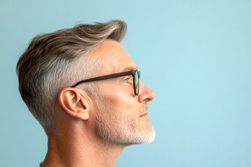 Fototapeta premium A happy man in a studio photo. Trendy men's classic short back and sides haircut - midlife white man with hair. Concept artwork idea design of style for aging men. Blue solid background.
