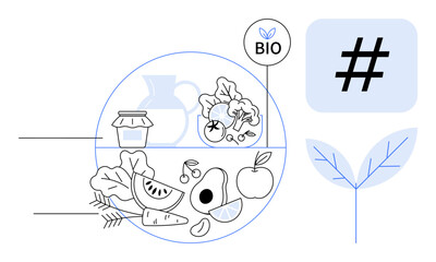 Fruits, vegetables, grain, and jar inside circle with bio label, leaf graphics, and metadata tag. Ideal for organic produce, sustainability, healthy eating nature food blogs eco-friendly