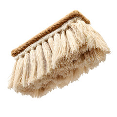 Cream-colored cotton fringe detail on a tan rope backing against a transparent background.