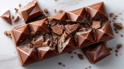 Delicious Milk Chocolate Bar with Pieces on a Marble Surface