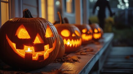 Fototapeta premium Illuminated carved pumpkins line a porch on a halloween night.