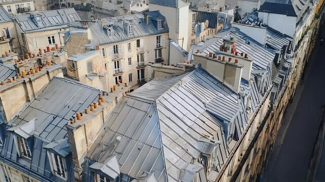 Aerial view of buildings with gray roofs on a street. Architectural charm, with consistent designs