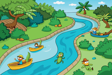 Obraz premium Fun and whimsical river scene featuring animals like monkeys and birds paddling in boats surrounded by lush jungle foliage