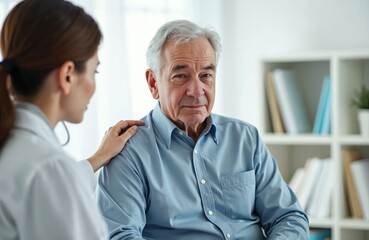 Young female psychologist consults senior man during therapy session in office. Pro medical support, mental health care, well-being, healthcare, medicine. Patient needs help from pro therapist,