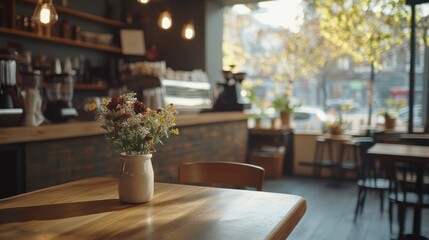 Fototapeta premium Sunny cafe flowers table interior decor breakfast