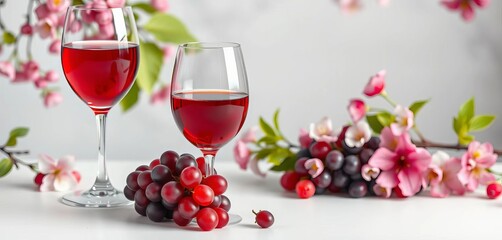 Red wine glass, grapes, spring blossoms, white table, product placement space, beverage, rustic