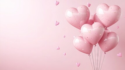 A cluster of pink heart-shaped balloons and stars floating against a soft pink background. creating a whimsical and romantic atmosphere. perfect for celebrations and events