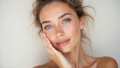 Young adult woman with clean fresh skin. Gentle touch on cheek, looking at camera. Beauty concept of natural cosmetics and skin care. Soft focus on eyes, healthy perfect complexion.