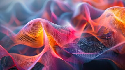 Fototapeta premium Abstract wavy lines in orange and purple hues. Digital artwork of abstract or digital wave with glowing vibrant color dots and lines connecting together. Artistic. Design for poster, print. AIG51.