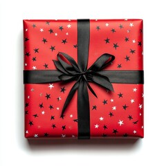 Obraz premium Red Gift Box with Star Pattern and Black Ribbon On White Background