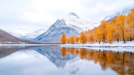 Winter wonderland lake scene with snow-capped mountains and vibrant autumn foliage reflected in serene water