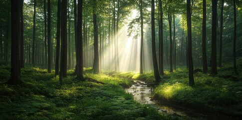 Naklejka premium Serene forest scene with sunlight streaming through tall trees. illuminating a lush green undergrowth and a small stream. creating a tranquil atmosphere ideal for nature photography
