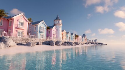 Fototapeta premium Pastel Colored Houses Near the Beach with Clear Water Reflections