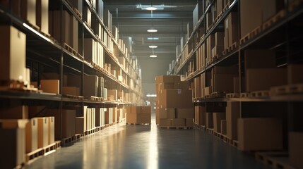 Obraz premium Warehouse aisle Cardboard boxes stacked on pallets, logistics, inventory management, distribution center