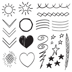 Scribble doodle underline emphasis line shape set. Hand drawn brush stroke highlight speech bubble 
cloud sparkle arrow element in childish drawing style vector illustrations. 