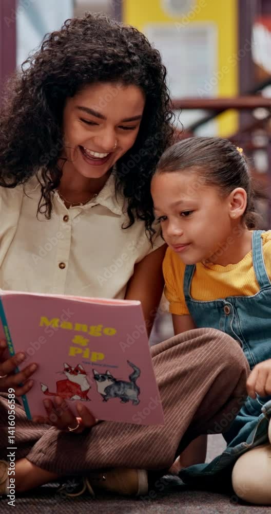 Aufkleber smile, woman and child with book in library for knowledge, fantasy story and language development. t