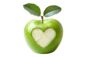 Green Apple With Cut Out Heart And Leaf isolated on transparent background
