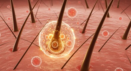 Microscopic View Of Hair Follicle With Glowing Cells And Hair Shaft In Red And Orange