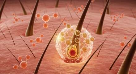 Microscopic View Of Hair Follicle With Molecules And Cellular Structures In Pink And