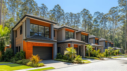Modern residential houses lined along a serene street, surrounded by lush greenery and tall trees