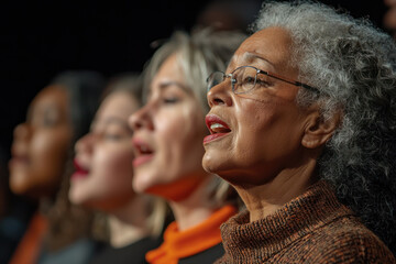 Obraz premium A group of people singing together in harmony, diverse ages, expressing emotion and unity