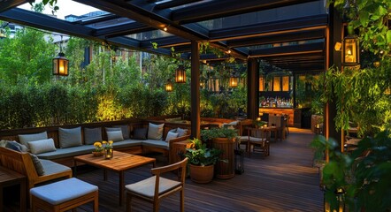 A cozy outdoor dining area in an urban setting. adorned with warm string lights and surrounded by lush greenery. creating an inviting atmosphere for evening gatherings