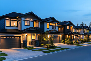 Modern suburban homes illuminated at dusk, showcasing architectural design and serene neighborhood