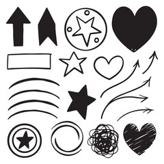 Scribble doodle underline emphasis line shape set. Hand drawn brush stroke highlight speech bubble 
cloud sparkle arrow element in childish drawing style vector illustrations. 