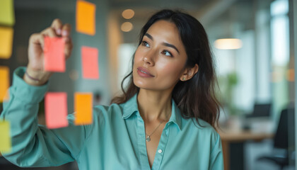 Attractive hispanic businesswoman project manager makes business plan with sticky notes on glass board in office. Young woman analyzes marketing strategy in modern office. Female team member writes