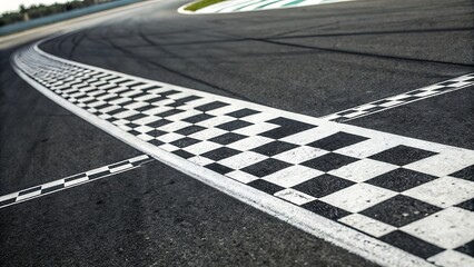 Fototapeta premium Race track finish line checkered flag victory asphalt road racing speed competition close up